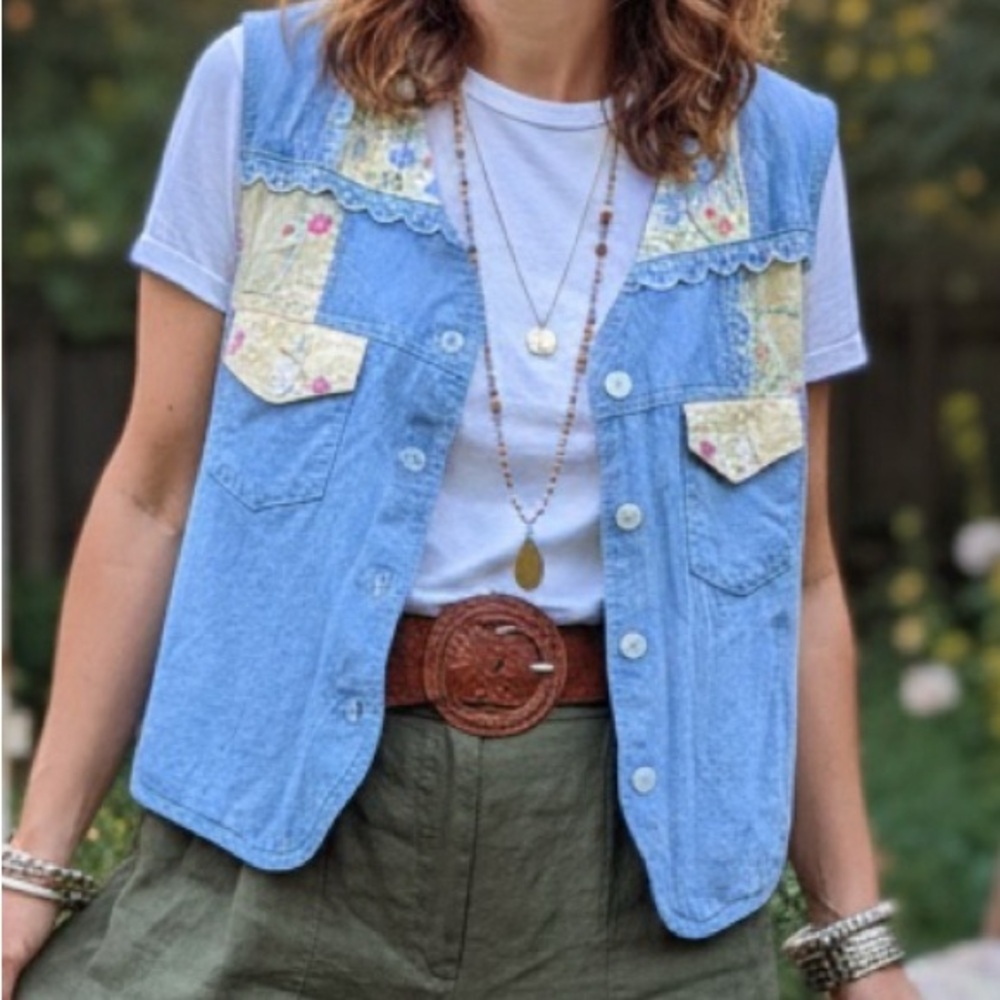 Vintage Donkenny Chambray Vest Floral Patchwork Cottagecore (M/L)
